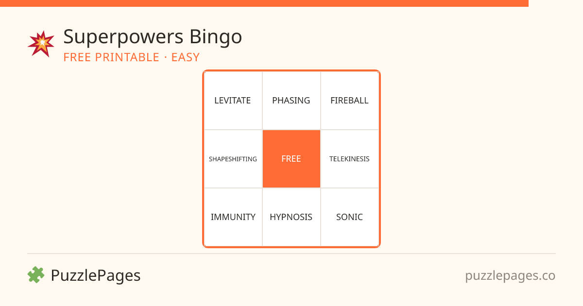 Superpowers Easy printable bingo preview — free to print from PuzzlePages