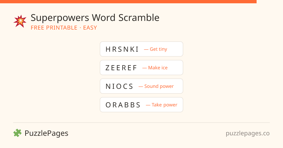 Superpowers Easy printable word scramble preview — free to print from PuzzlePages