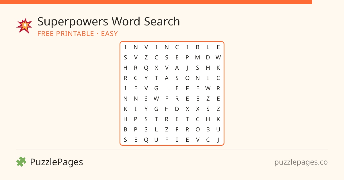Superpowers Easy printable word search preview — free to print from PuzzlePages