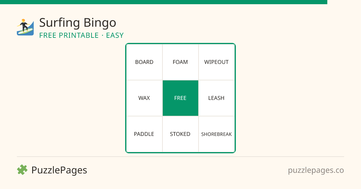 Surfing Easy printable bingo preview — free to print from PuzzlePages