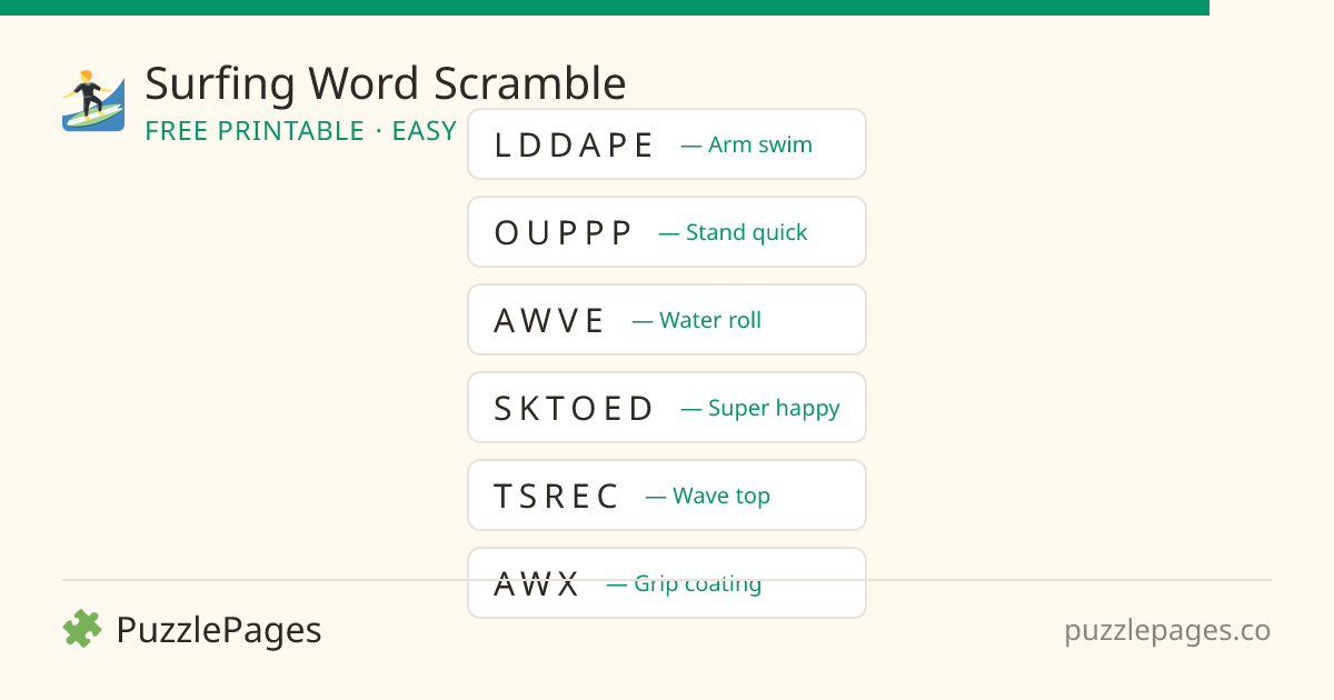 Surfing Easy printable word scramble preview — free to print from PuzzlePages
