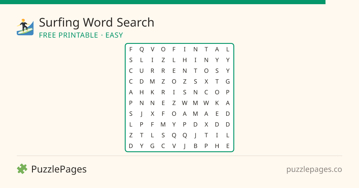 Surfing Easy printable word search preview — free to print from PuzzlePages