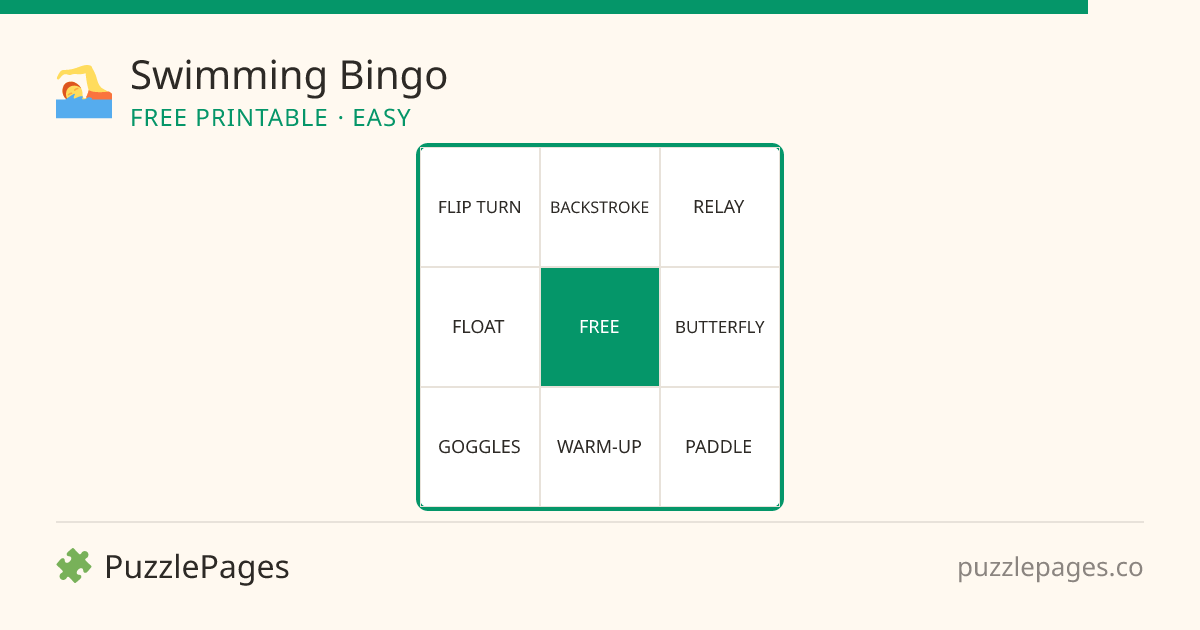 Swimming Easy printable bingo preview — free to print from PuzzlePages