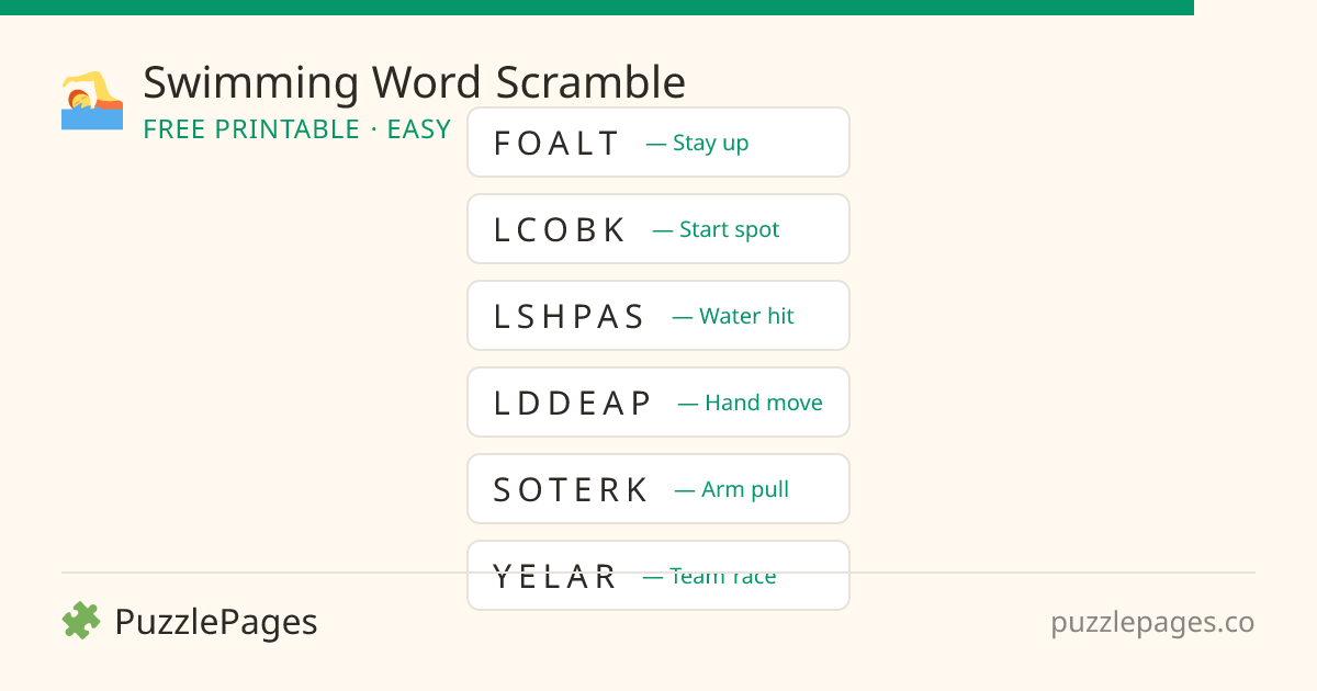 Swimming Easy printable word scramble preview — free to print from PuzzlePages