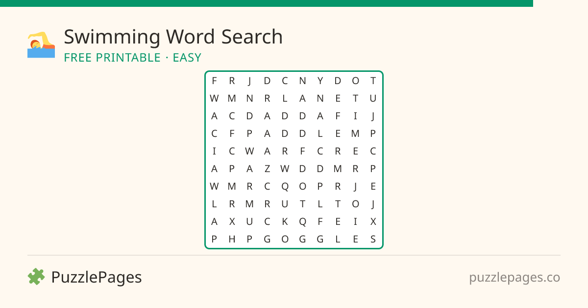 Swimming Easy printable word search preview — free to print from PuzzlePages