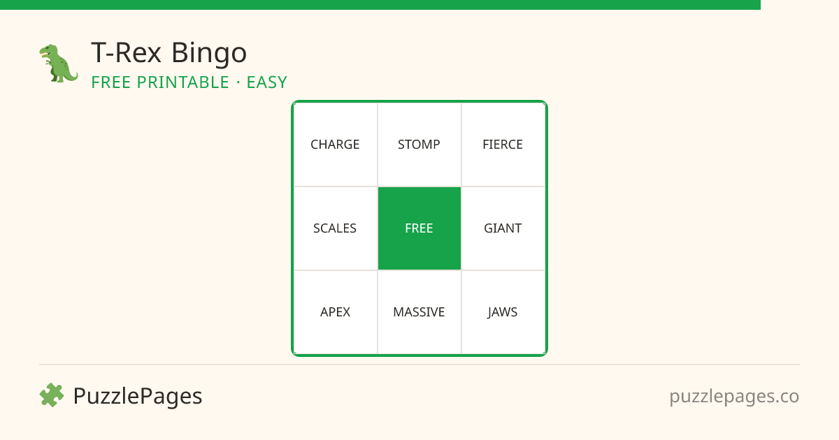 T-Rex Easy printable bingo preview — free to print from PuzzlePages