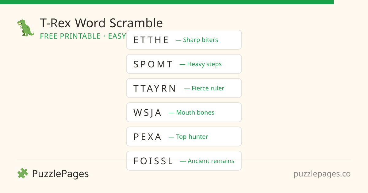 T-Rex Easy printable word scramble preview — free to print from PuzzlePages