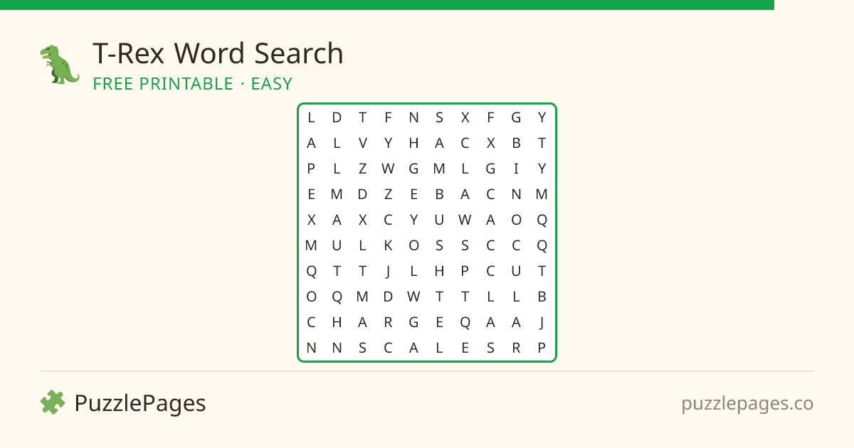 T-Rex Easy printable word search preview — free to print from PuzzlePages