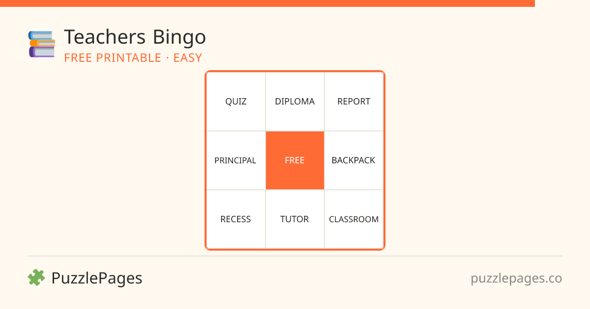 Teachers Easy printable bingo preview — free to print from PuzzlePages