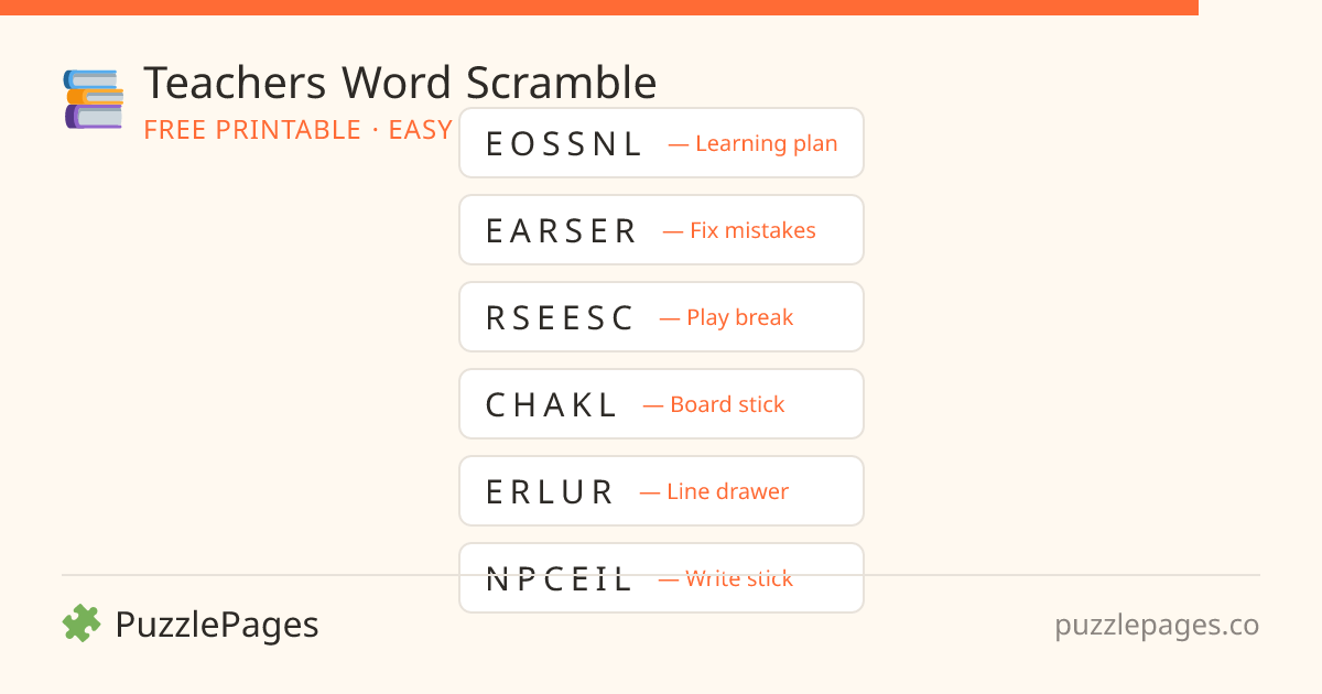 Teachers Easy printable word scramble preview — free to print from PuzzlePages