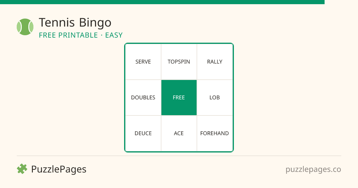 Tennis Easy printable bingo preview — free to print from PuzzlePages