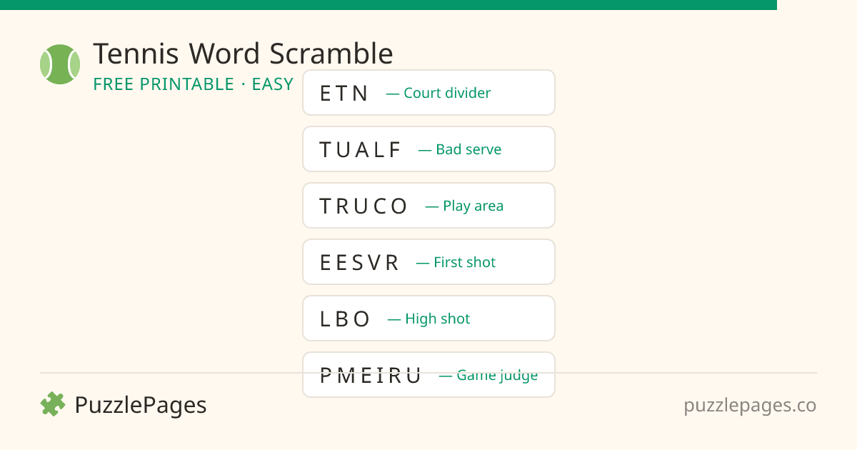 Tennis Easy printable word scramble preview — free to print from PuzzlePages