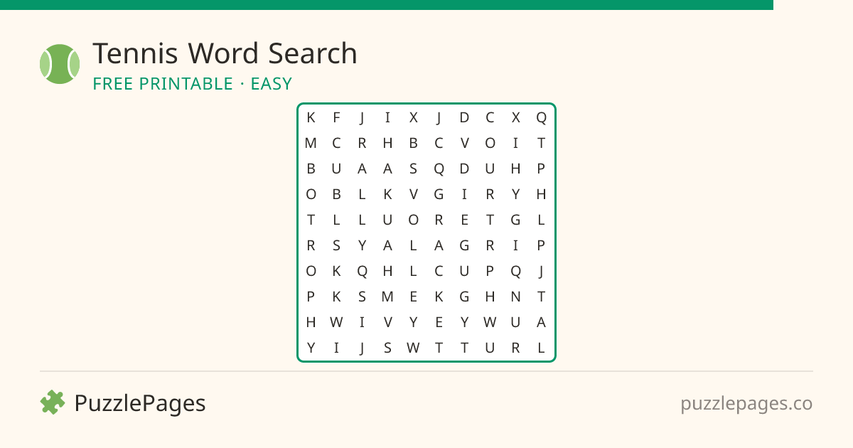 Tennis Easy printable word search preview — free to print from PuzzlePages