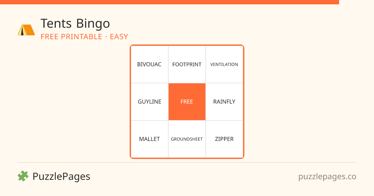 Tents Easy printable bingo preview — free to print from PuzzlePages
