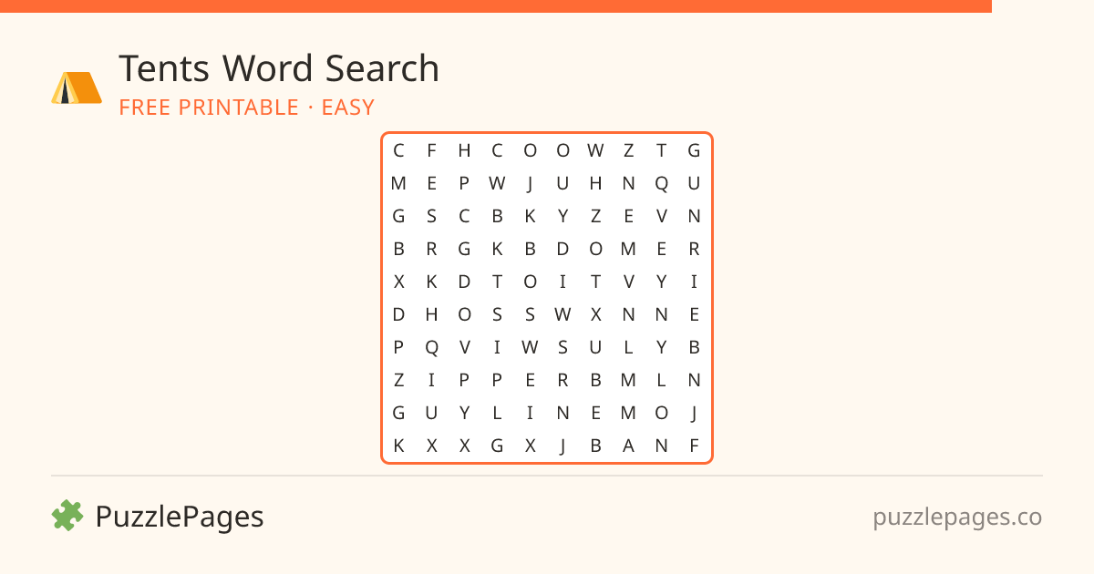 Tents Easy printable word search preview — free to print from PuzzlePages