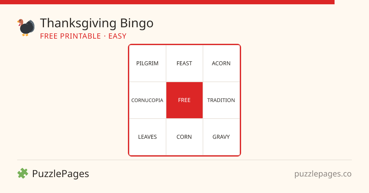 Thanksgiving Easy printable bingo preview — free to print from PuzzlePages