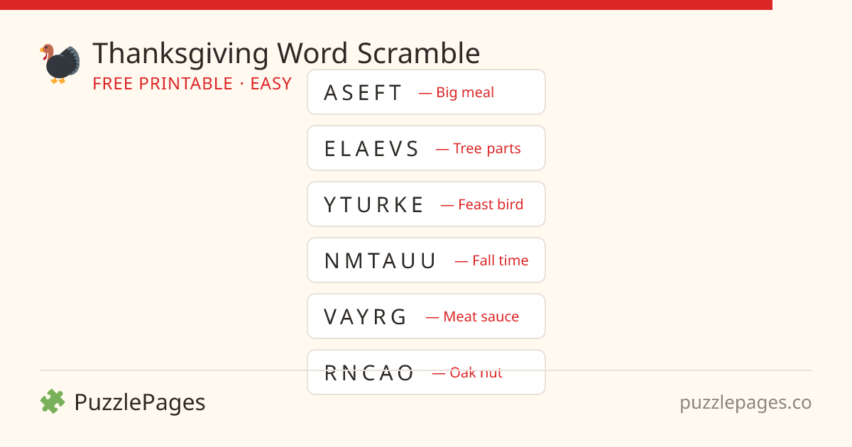 Thanksgiving Easy printable word scramble preview — free to print from PuzzlePages