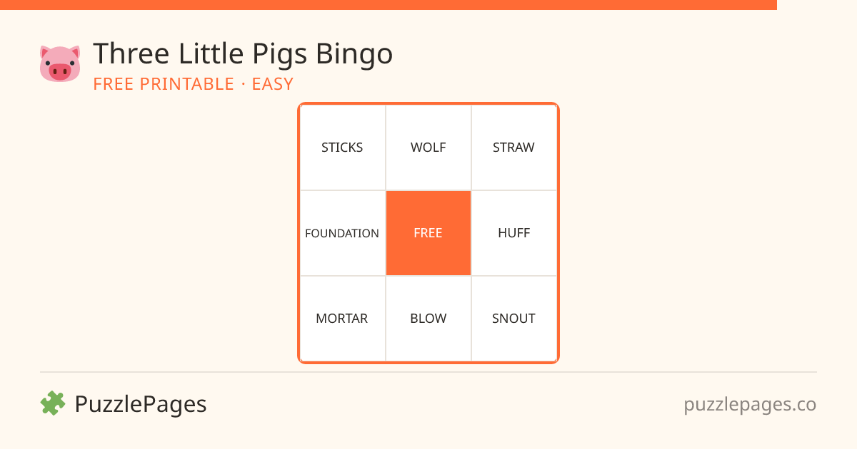 Three Little Pigs Easy printable bingo preview — free to print from PuzzlePages
