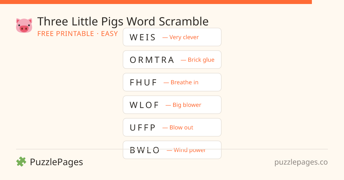 Three Little Pigs Easy printable word scramble preview — free to print from PuzzlePages