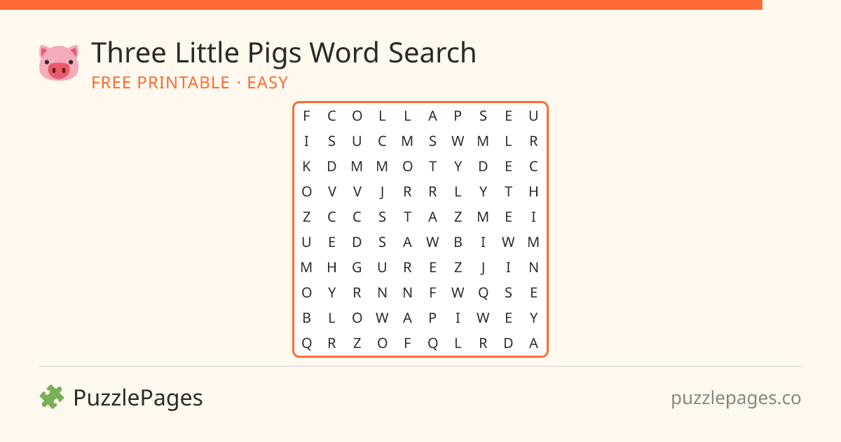 Three Little Pigs Easy printable word search preview — free to print from PuzzlePages