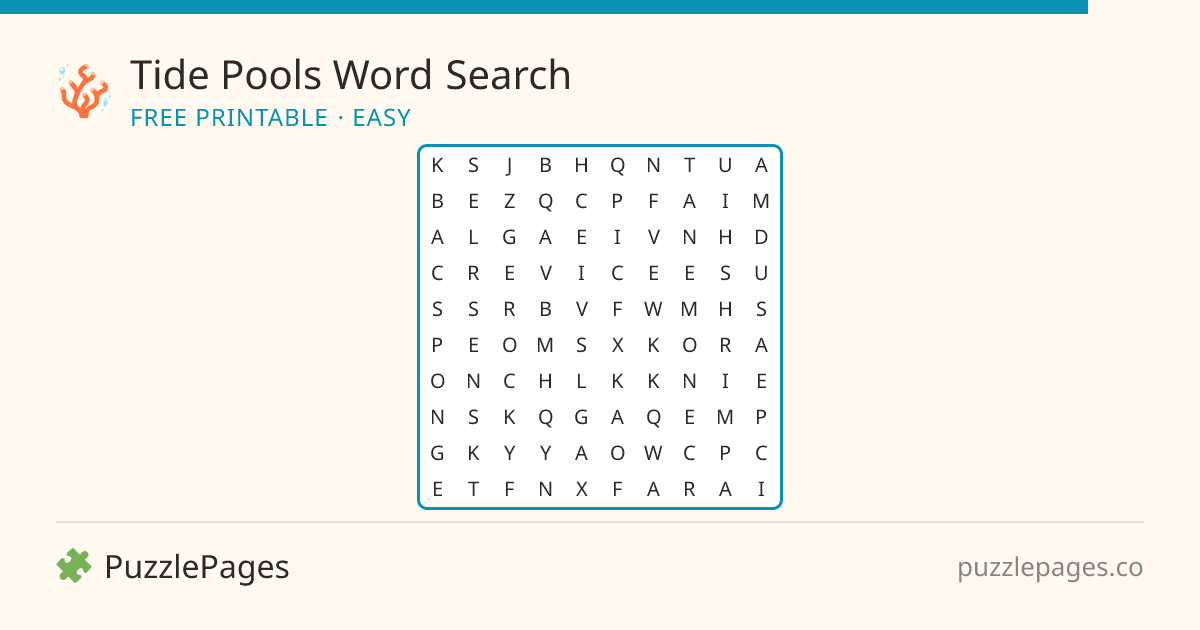 Tide Pools Easy printable word search preview — free to print from PuzzlePages