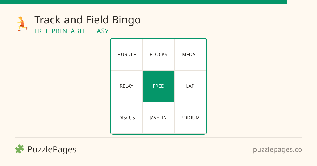 Track and Field Easy printable bingo preview — free to print from PuzzlePages