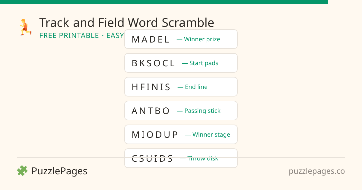 Track and Field Easy printable word scramble preview — free to print from PuzzlePages