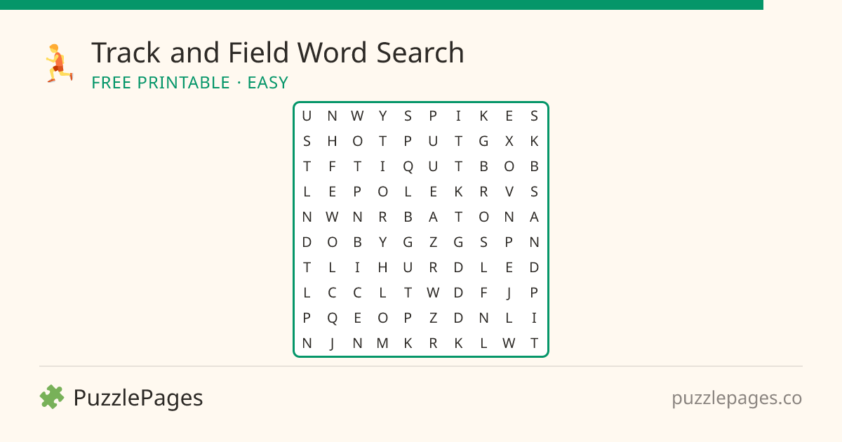 Track and Field Easy printable word search preview — free to print from PuzzlePages