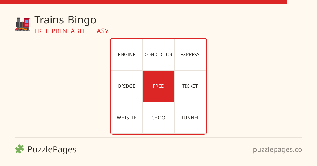 Trains Easy printable bingo preview — free to print from PuzzlePages