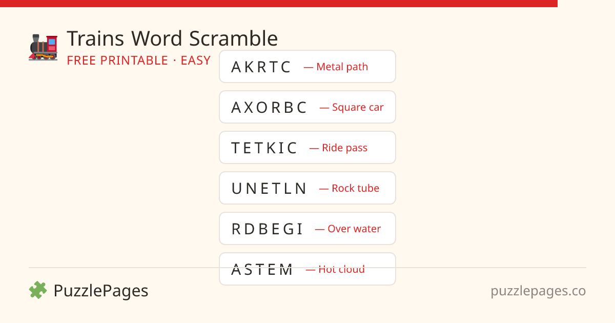 Trains Easy printable word scramble preview — free to print from PuzzlePages