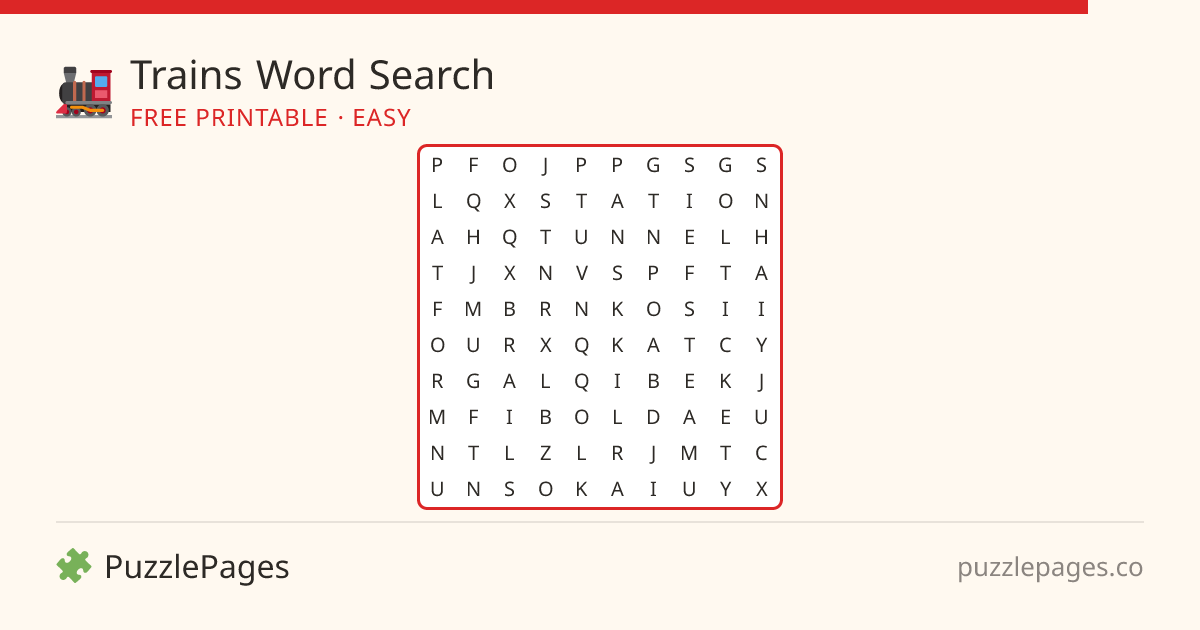Trains Easy printable word search preview — free to print from PuzzlePages