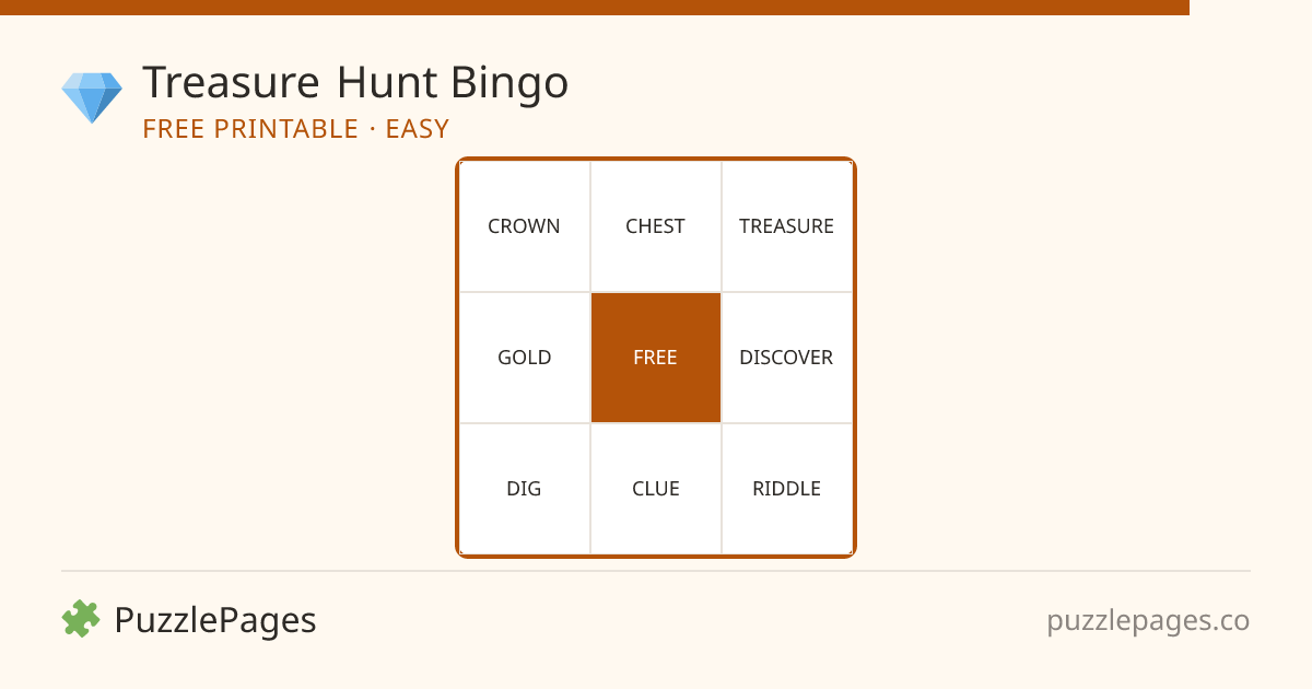 Treasure Hunt Easy printable bingo preview — free to print from PuzzlePages
