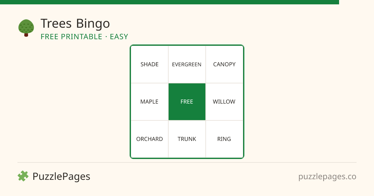 Trees Easy printable bingo preview — free to print from PuzzlePages