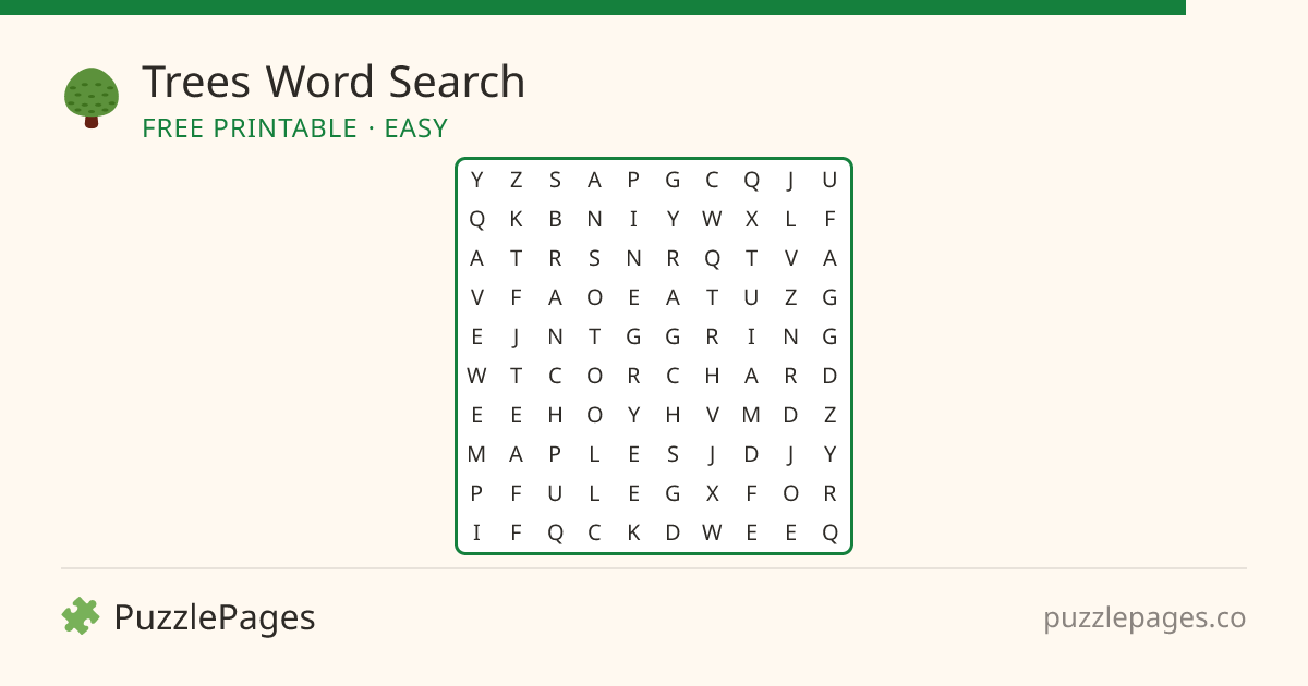 Trees Easy printable word search preview — free to print from PuzzlePages