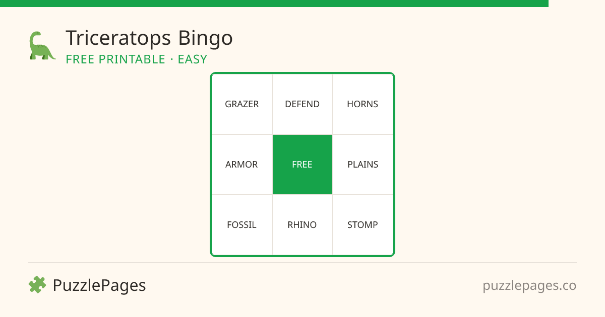 Triceratops Easy printable bingo preview — free to print from PuzzlePages