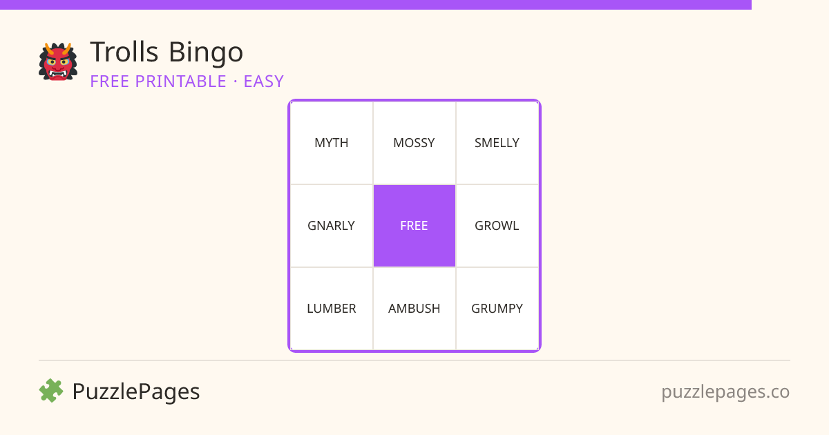 Trolls Easy printable bingo preview — free to print from PuzzlePages