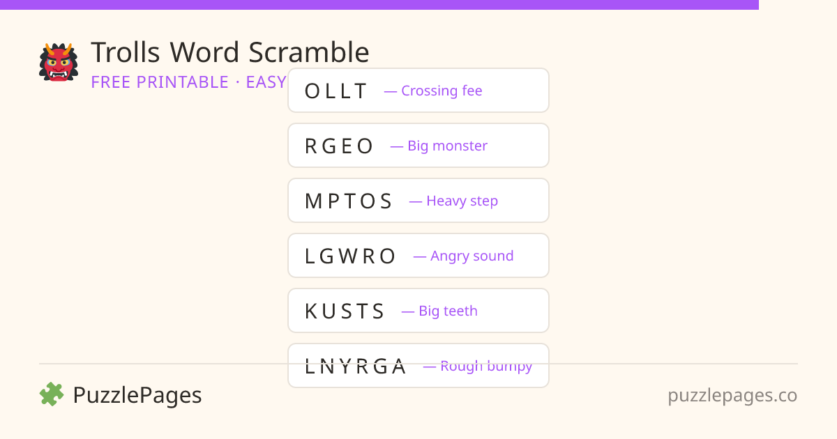 Trolls Easy printable word scramble preview — free to print from PuzzlePages