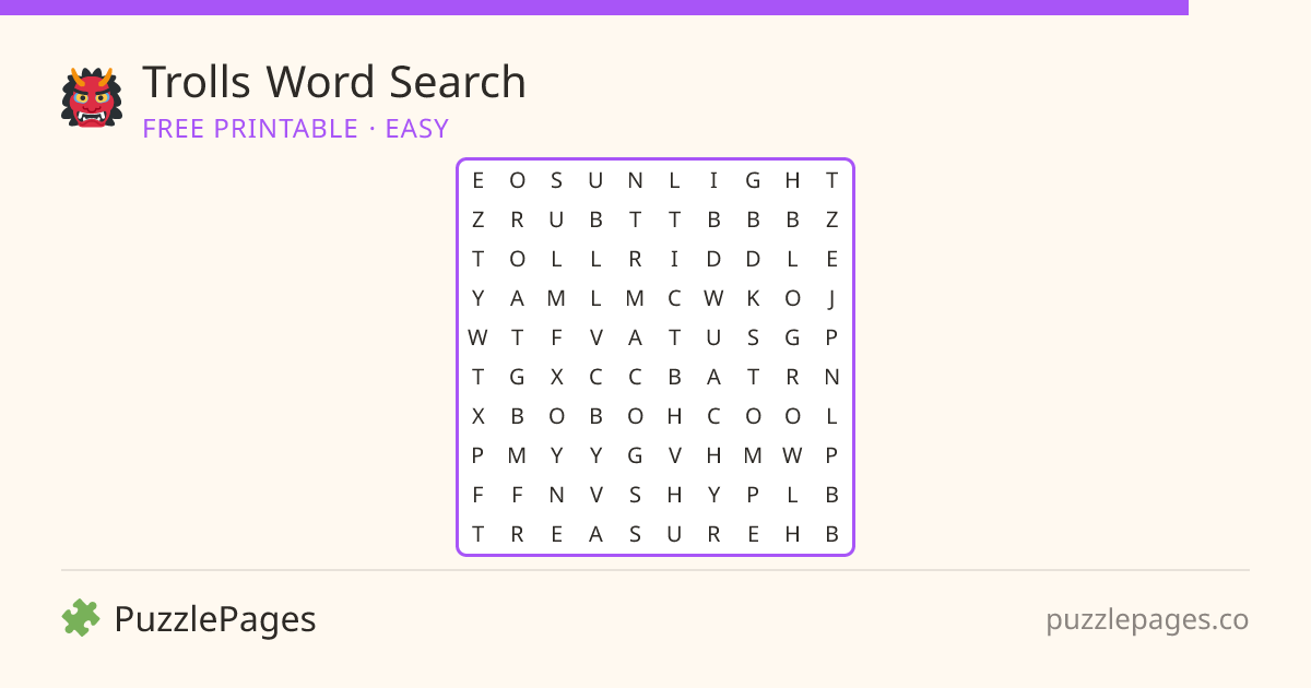 Trolls Easy printable word search preview — free to print from PuzzlePages