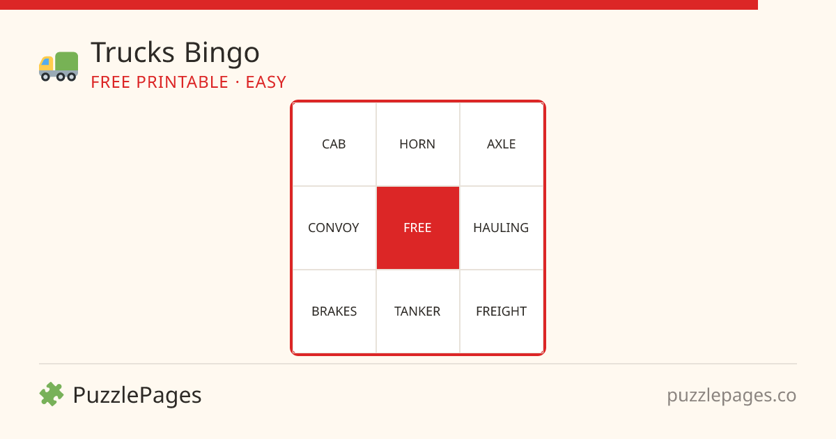 Trucks Easy printable bingo preview — free to print from PuzzlePages
