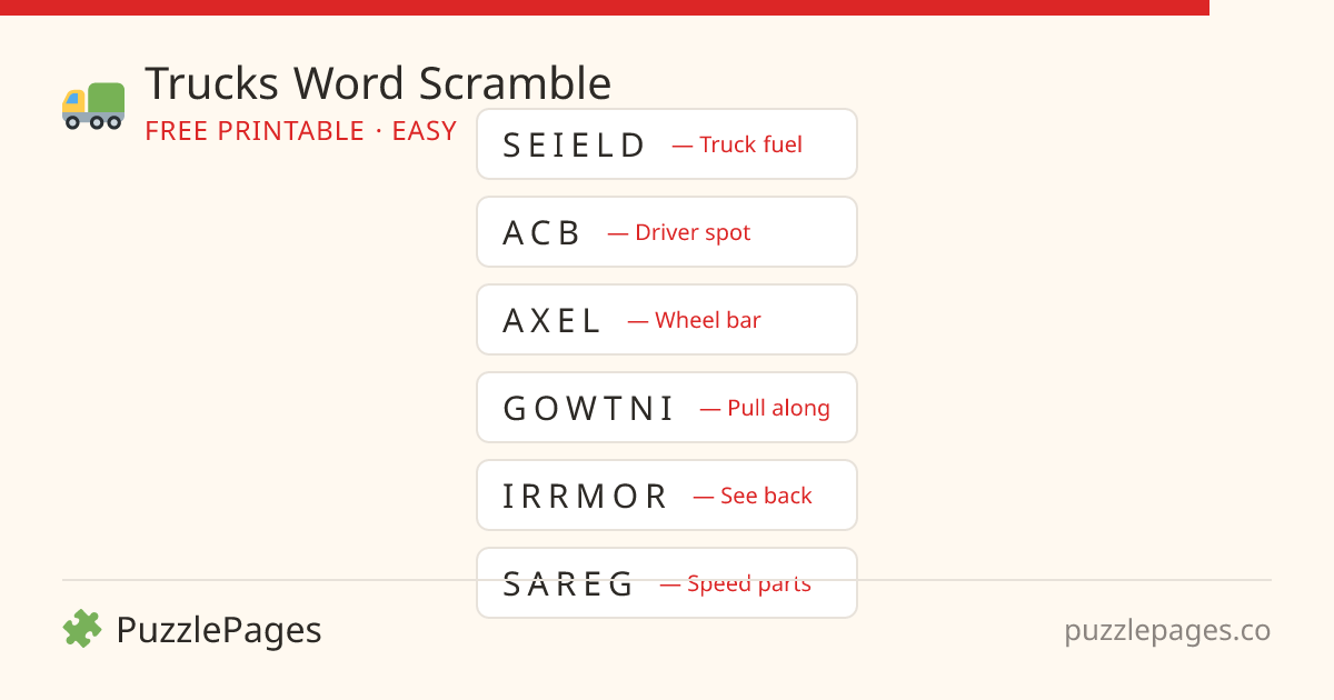 Trucks Easy printable word scramble preview — free to print from PuzzlePages