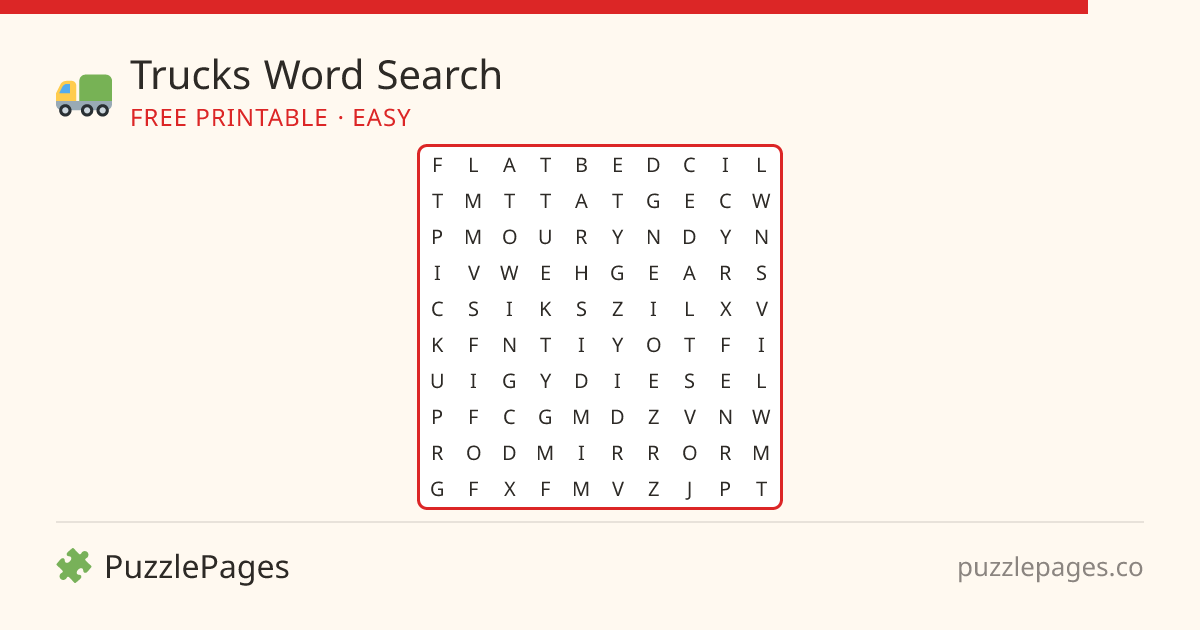 Trucks Easy printable word search preview — free to print from PuzzlePages
