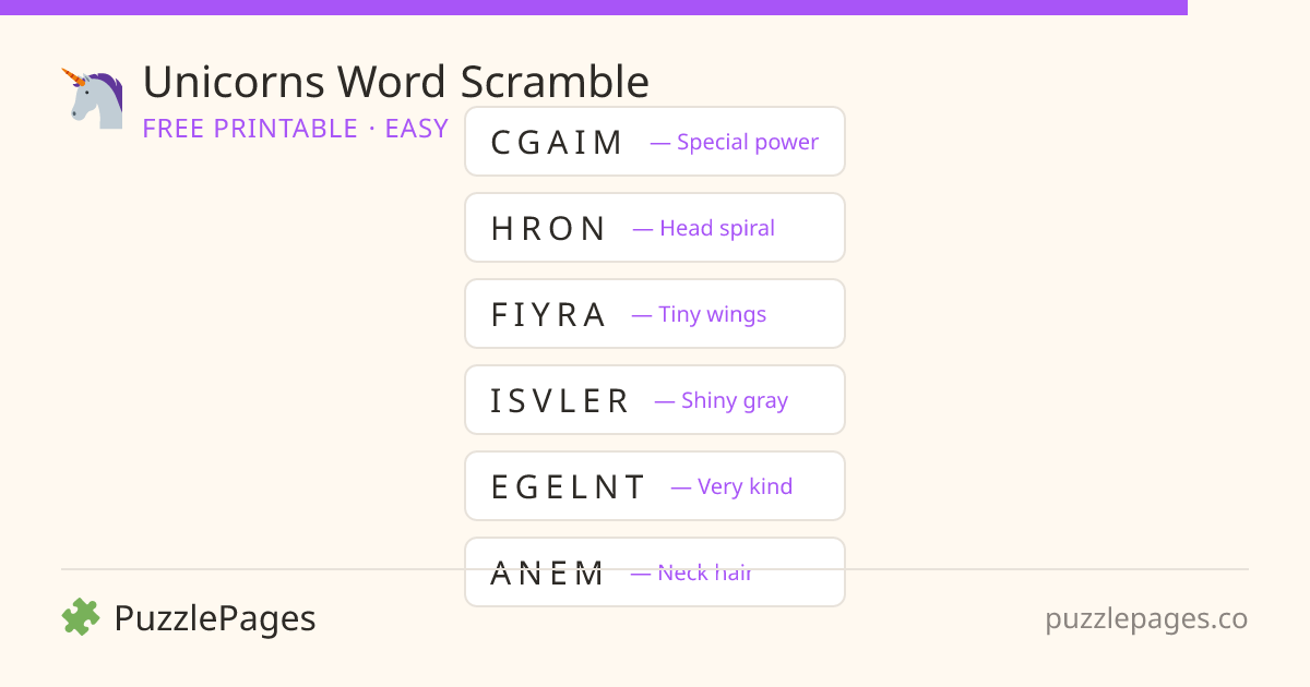 Unicorns Easy printable word scramble preview — free to print from PuzzlePages