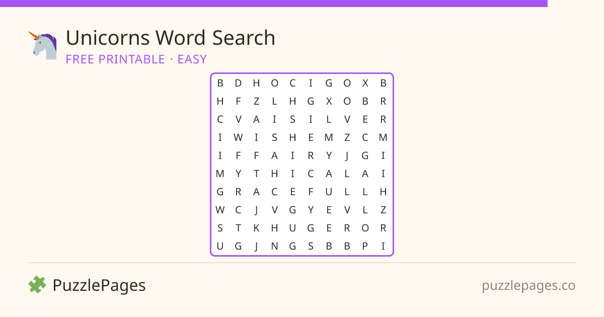 Unicorns Easy printable word search preview — free to print from PuzzlePages