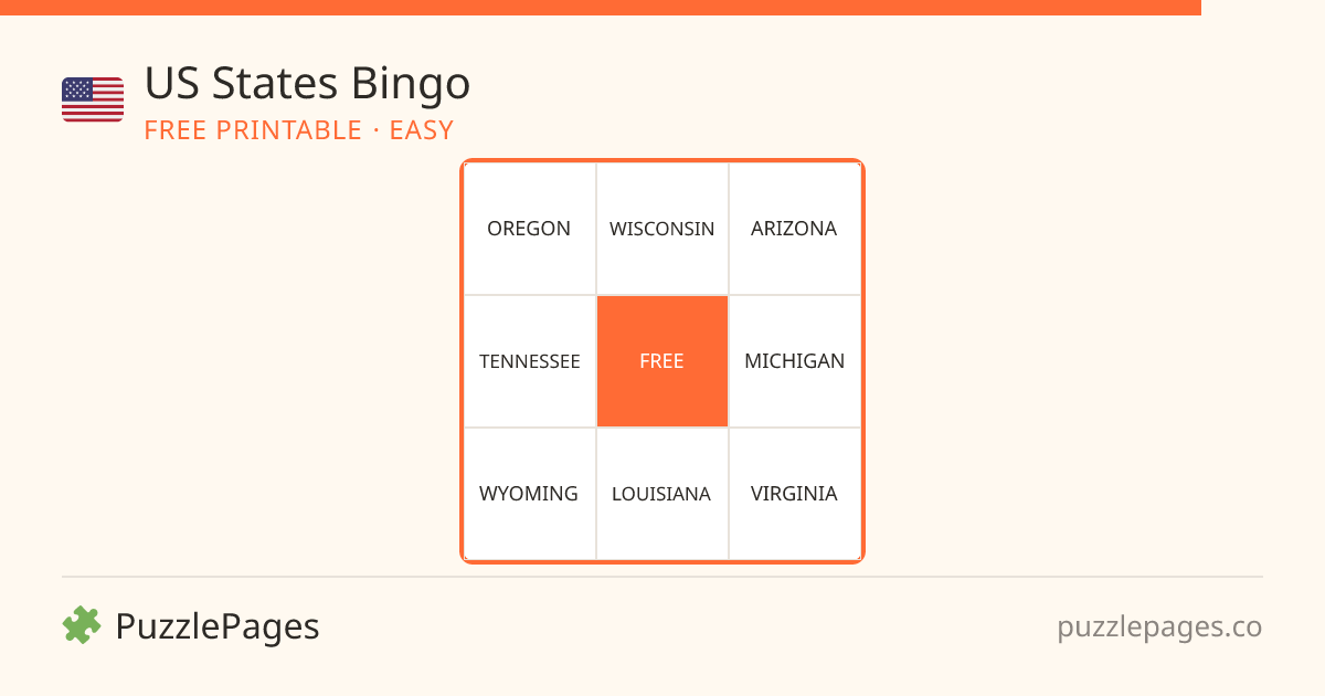US States Easy printable bingo preview — free to print from PuzzlePages