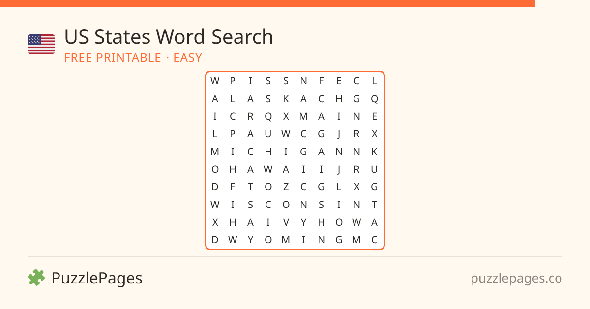 US States Easy printable word search preview — free to print from PuzzlePages