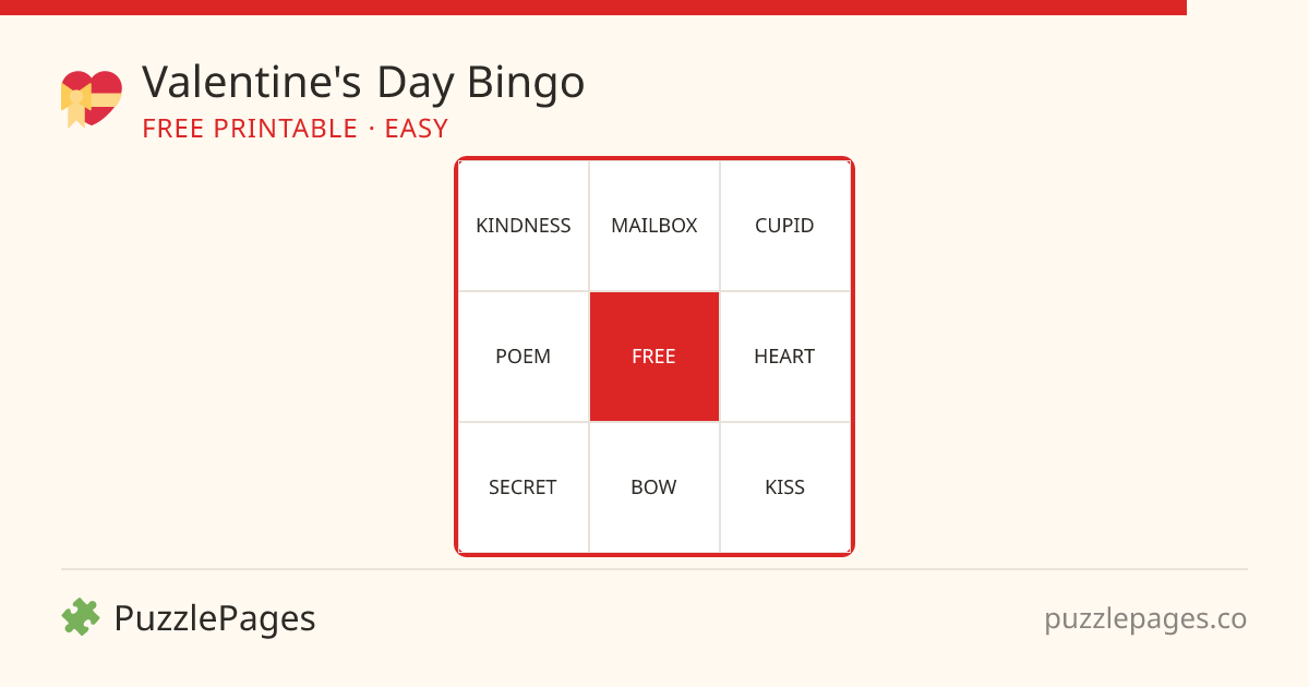 Valentine's Day Easy printable bingo preview — free to print from PuzzlePages