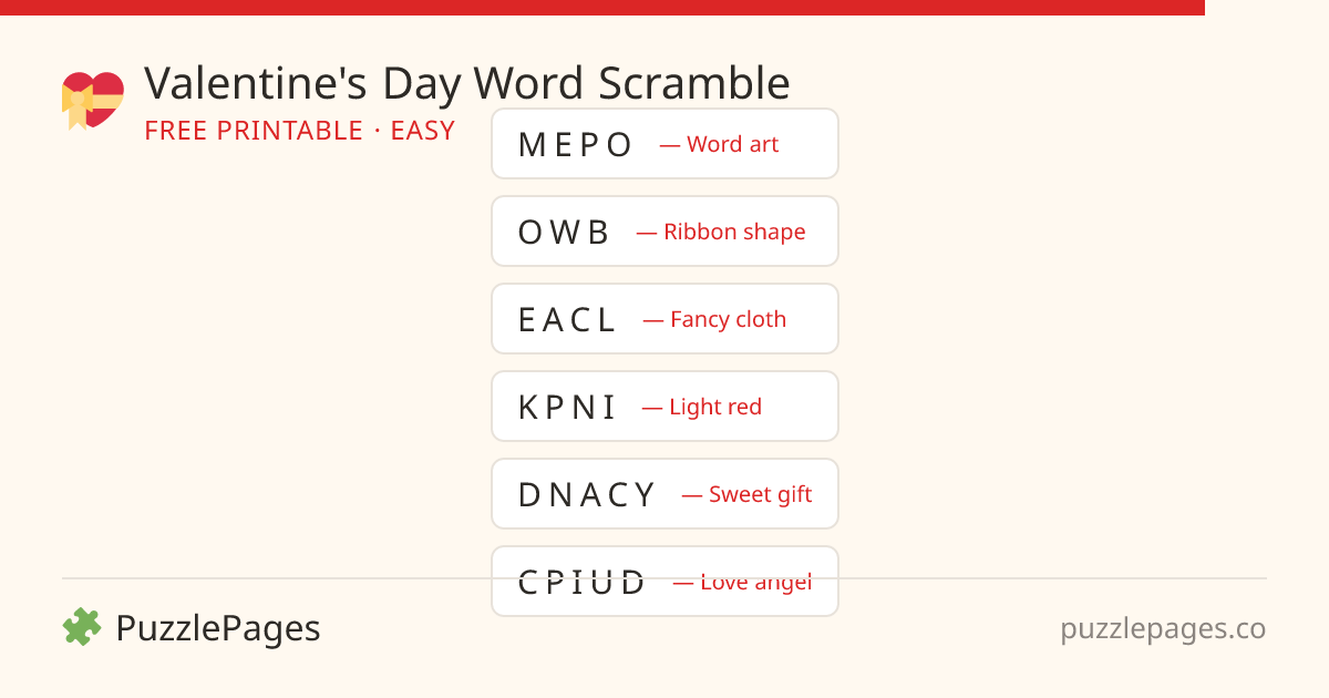 Valentine's Day Easy printable word scramble preview — free to print from PuzzlePages