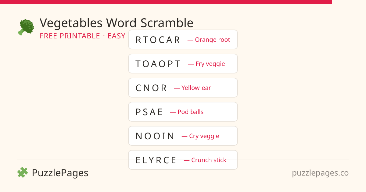 Vegetables Easy printable word scramble preview — free to print from PuzzlePages
