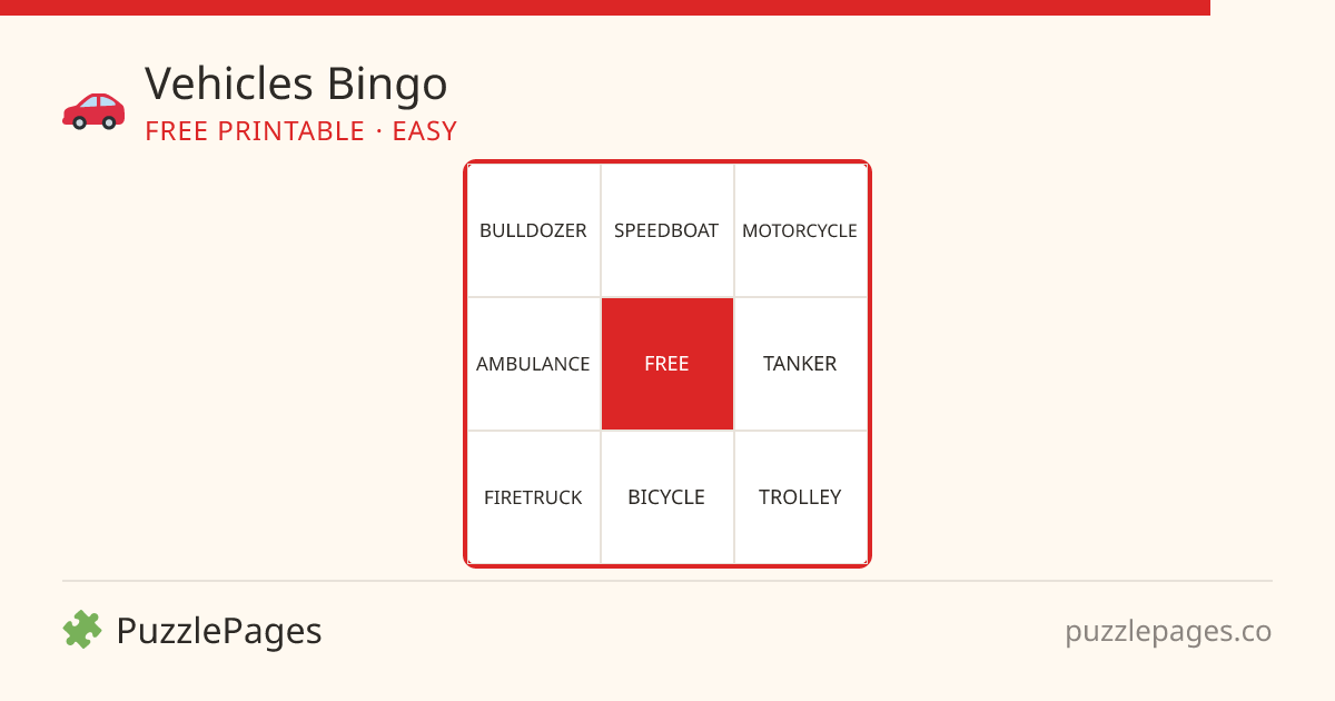 Vehicles Easy printable bingo preview — free to print from PuzzlePages