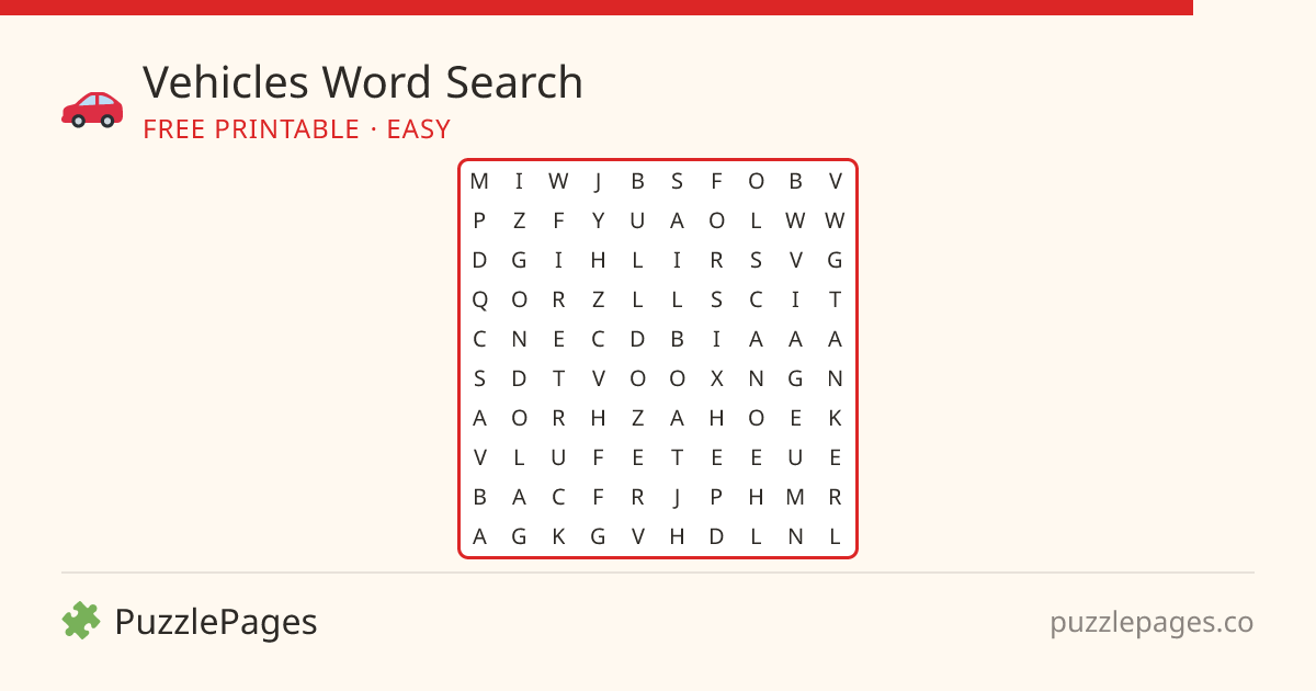 Vehicles Easy printable word search preview — free to print from PuzzlePages